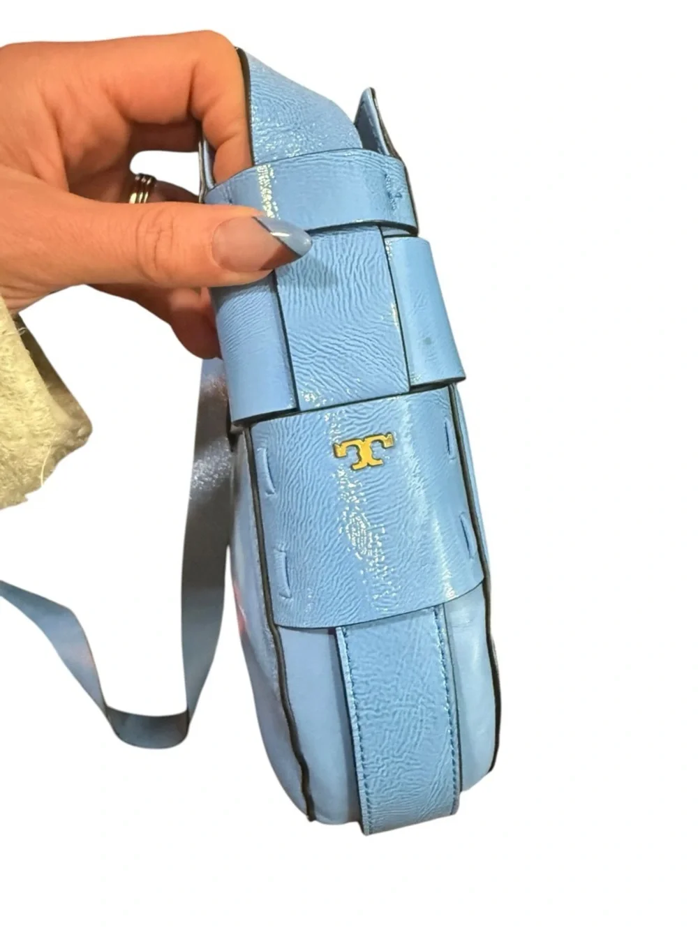 Tory Burch Miller Belted Crossbody Bag Blue Leather Double T Logo - Picture 7 of 14